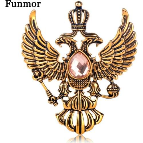 FUNMOR Vintage Russian National Emblem Shape Brooches Antique Gold Color Rhinestone Brooch Women Men Souvenir Gifts Lapel Pins