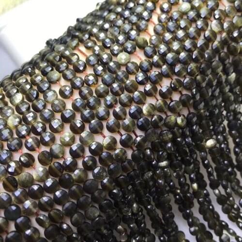 Natural golden obsidian flat round bead needlework crystal faceted gemstone for jewelry making bead make up DIY bracelet perle