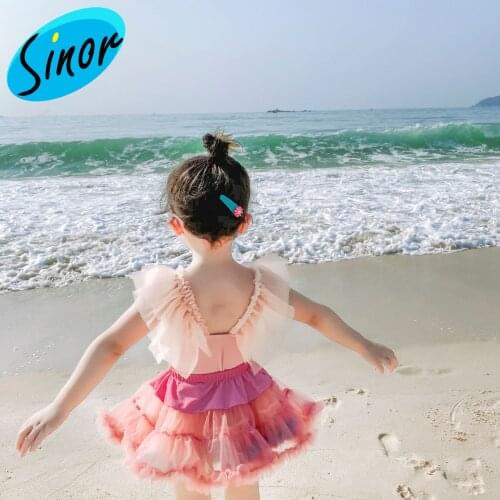 [Bottom Price]Kids Swimwear Cartoon Cute Light Pink Mesh Pearl European and American Crossover Swimsuit Swimsuit