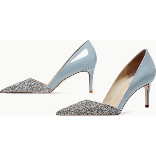 Autumn new sequins color matching stilettos pointed patent leather bridal wedding shoes banquet dress all-match womens shoes