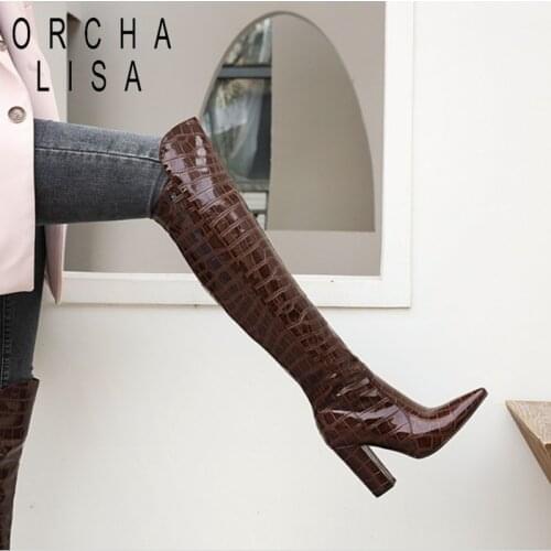 Fashion Black Brown Wine Red White Women Over the Knee Boots Patent PU Leather Women Winter Shoes Pointed Toe Square Heel Shoes