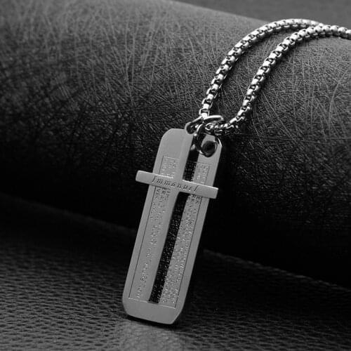 New Stainless Steel Cross Bible Necklace Geometric Rectangle Pendant Hip Hop Clavicle Chain Necklace for Men Religious Jewelry