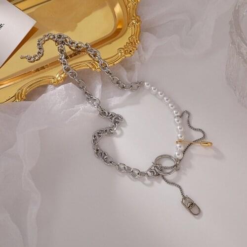 Origin Summer Statement Paper Clip Pearl Asymmetry Pendant Necklace for Women Circle Chunky Chain Tassel Necklace Jewelry Gifts