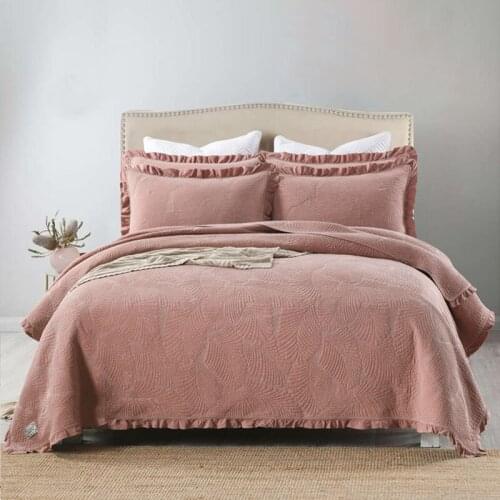 Pink Cotton Bedspreads Quilt Set 3-piece Sand Washed Quilts Embroidered Bed Cover 2 Shams King Queen Coverlet Summer Blanket
