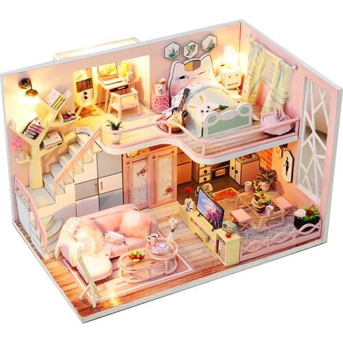 Pink DIY Dollhouse Girls Room Kit Assembled Miniature with Furniture Casa Doll House Toys for Children Adult Gifts