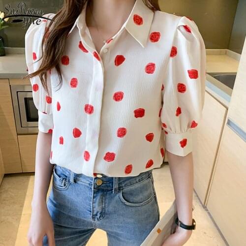 Chiffon Shirt Womens Short Sleeves Blouse 2021 New Summer Shirt Bubble Sleeve Polka Dot Printed Shirt with Button 14350