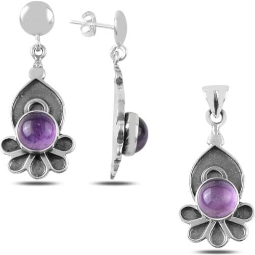 Silverlina Silver Amethyst Stone Handwork Set