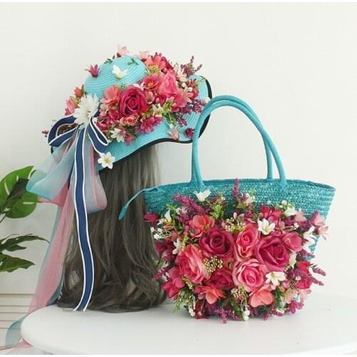 Straw Bag Women Summer Rattan Bags 2021 New Luxury Beach Bag Handmade Flower Ribbon Handbags Travel Basket Totes with Sun Hat