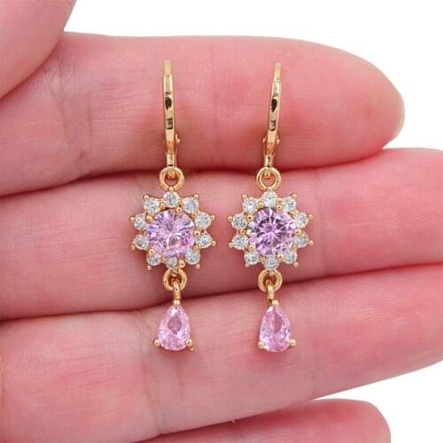 Luxury Crystal Drop Earrings for Women Water Drop Pink Cubic Zirconia Wedding Engagement Bridal Jewelry Dangle Earring