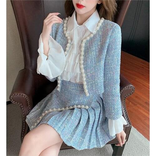 Autumn Pearls BeadingTweed 3 Piece Set Winter Women Sweet Short Jacket Coat+Ruffles Chiffon White Shirts Pleated Mini Skirt Set
