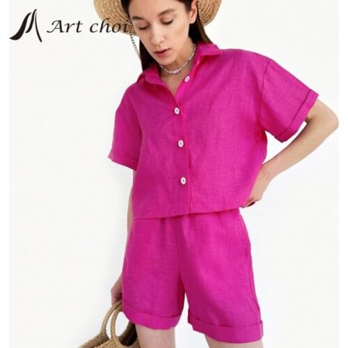 2021 Summer Two Piece Set Blouse Tracksuit Casual Outfit Suits Women Solid T Shirt Tops Cotton Linen Shorts Pants 2 Piece Sets