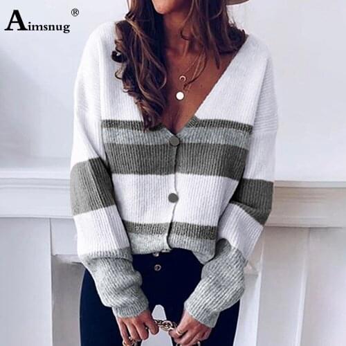 2020 Patchwork Color Sweater Women Autumn New Casual Long Sleeve V-neck Top Cardigans Knitted Sweaters Femme Winter Warm Clothes