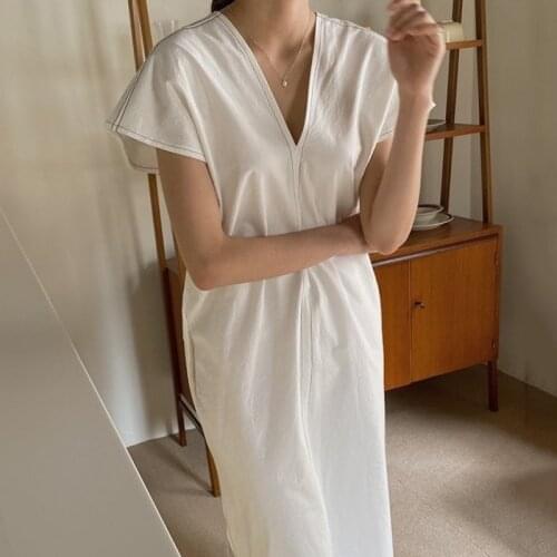 Solid Simple French V-neck Open Line Design Loose Casual Split Fly Sleeve Straight Dress for Women X448