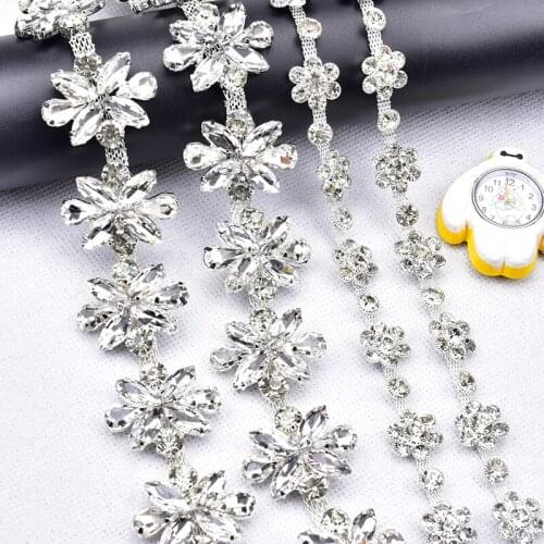 1 Meter Flower Rhinestone Chain Dense White Horse Eye Sew On Glass Crystal Decorative Trims For Dress Shoes Hair Accessories Diy