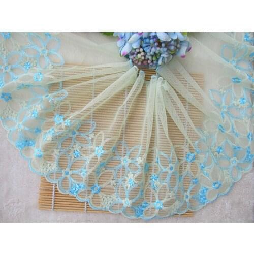 10Yards Yellow Mesh Tulle Fabric Green Flower Lace Trim Applique Sewing Craft for Wedding Decoration 21cm Width