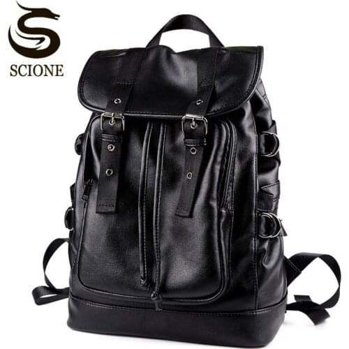 Scione Men PU Leather Backpack Vintage Business Bagpack Male School Bag Laptop Rucksack Mens Travel Backpacks Shoulder Bags Pack