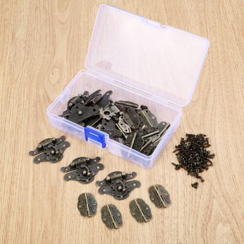 30pcs/box Cabinets Hinges with Antique Bronze Lock Decorative Latch Hasps Buckle Wood Jewelry Box Padlock +Screws+Storage Box