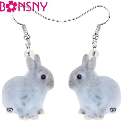 Bonsny Acrylic Easter Gray Hare Rabbit Bunny Pet Earrings Long Animal Dangle Drop Jewelry Women Girls Festival Gift Accessories