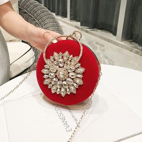Velvet Women Red Color Evening Bags Flower Diamonds Party Handbags Ball Circular Design Party Day Clutch