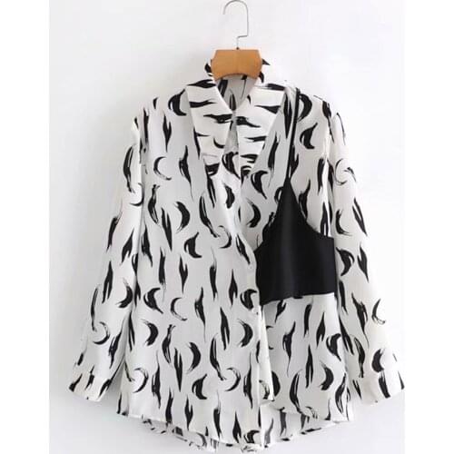 Japan Style Blouse Spring Autumn New Korean Fashion Temperament Loose Casual Simple Hot Sale Fake Two Printing Long Sleeve Lapel