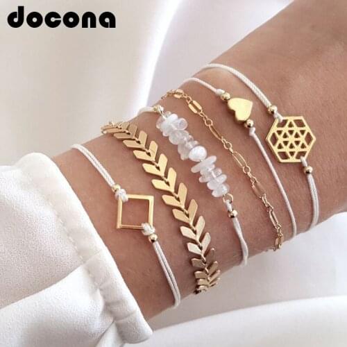 Docona Boho Gold Color Arrow Heart Pink Stone Pendant Bracelets Set For Women Girl Beadeds Layered Charms Bracelets Jewelry 6792