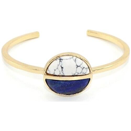 Ethnic Style Light Yellow Gold Color Alloy Round Lapis Lazuli Open Bangle White Howlite Stone Jewelry