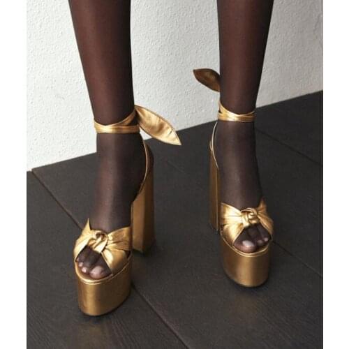 Moraima Snc Sexy Peep Toe Bowknot Thick Heels Sandal Lace up Platform High Heel Shoes Woman Summer Gold Leather Dress Heels