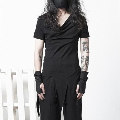 Men nightclub asymmetric t shirt singer punk hiphop stage costume mens gothic style hip hop streetwear slim fit tee shirts tops