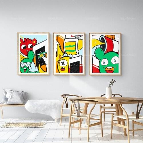 Boy room wall art, colorful cartoon boy bedroom decoration, 3 piece graffiti set, boy room art decoration poster