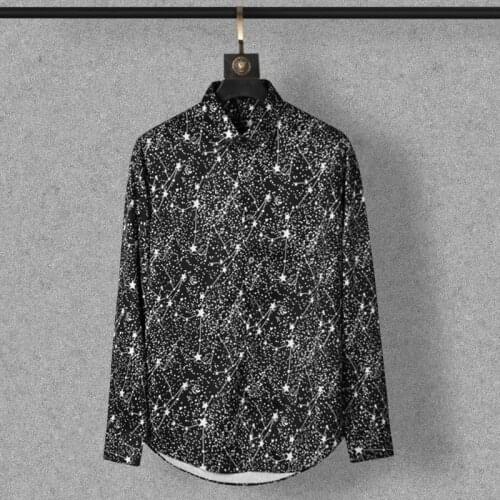 New 2021 Men 3D luxurious Classic Black White Star Print Fashion Silk Casual Shirts Shirt high Pocket Long-sleeves S 2XL #A158