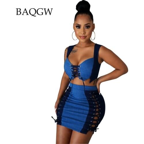 Sexy Lace Up Jeans Skirt Women 2021 Summer New Casual Streetwear Bandages High Waisted Hollow Out Party Club Two Piece Dress Set