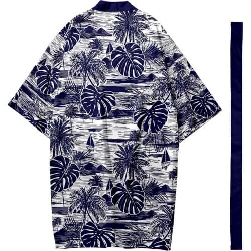 Hawaiian Beach Landscape Printed Long Style Kimono Cardigan With Belt Japanese Couple Women Men Casual Asian Clothes Harajuku