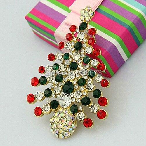 Multicolor Crystals Rhinestone Gold Christams Tress Shaped Brooch Christmas Festival Brooch Pins