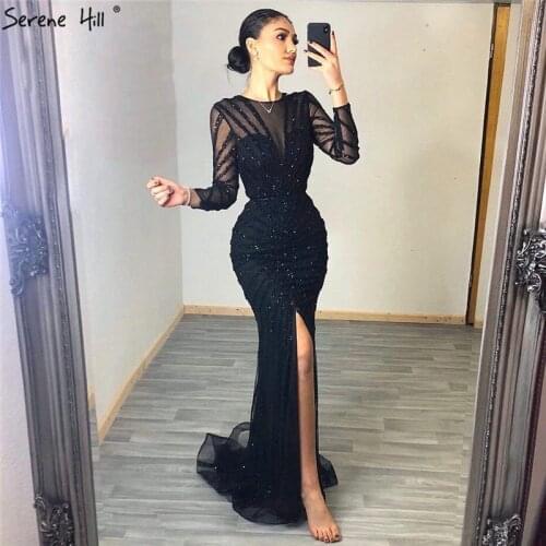 Luxury Black Beading V-Neck Mermaid 2020 Long Split Evening Gowns Party Wear Dresses For Women Real Photo LA70183