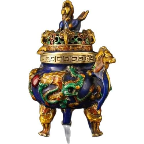 Tibet Nepal old Cloisonne copper bead enamel painted two Dragon play beads lion Incense furnace