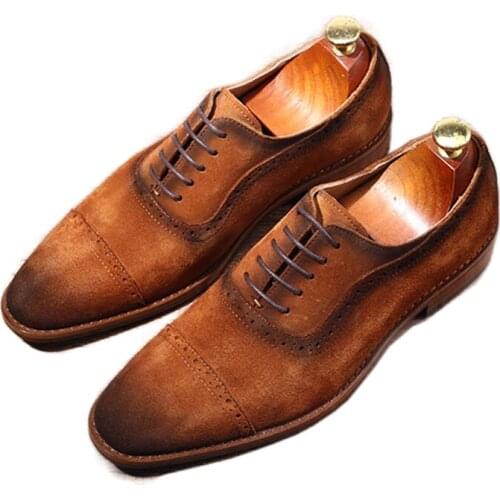 Hand-stitched Cowhide Genuine Leather Men Shoes Pointed Toe Suede Dress Shoes Men Brown Lace-u[ Business Chaussures Hommeses