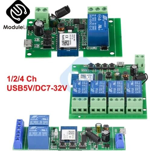 USB 5V/DC 7V-32V 4 Ch WIFI Remote Control Relay Switch Module Support Remote WIFI Control +433MHZ Radio Frequency Remote Control