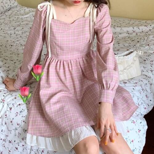 Japanese Spring Women Mini Lolita Dress Square Collar With Bow Strap Plaid Dress Puff Sleeve Cute Kawaii Feminine Dress