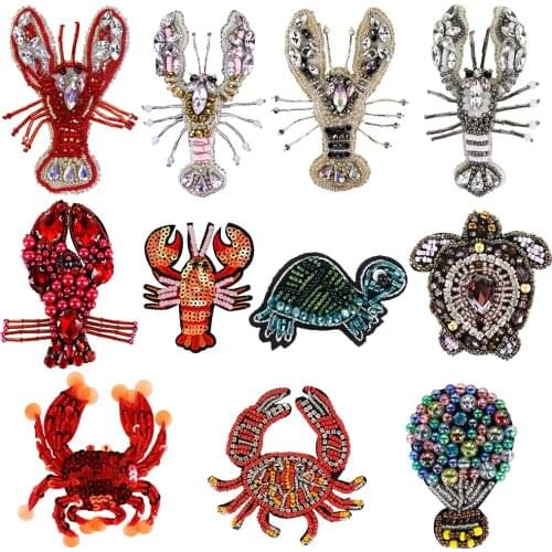Beaded Rhinestones Lobster Crab Patches Embroidery Sequin Fabric Turtle Applique Sew on Bag Shoes Clothes Decorate Accessory