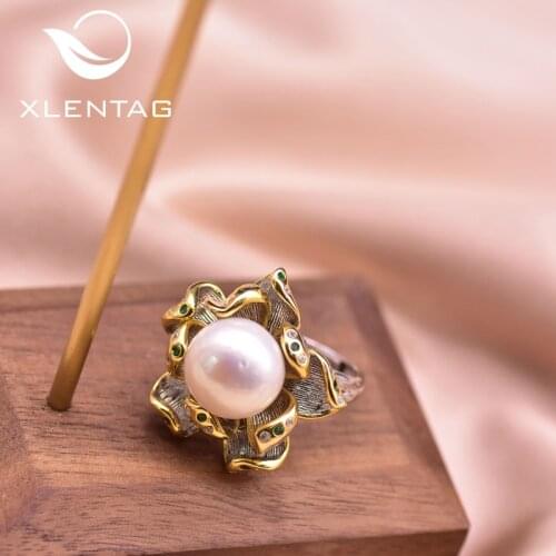 XlentAg Natural White Pearl Metal Flower 925 Sterling Silver Rings Angel Women Zirconia Anniversary Gifts Luxury Jewelry GR0261