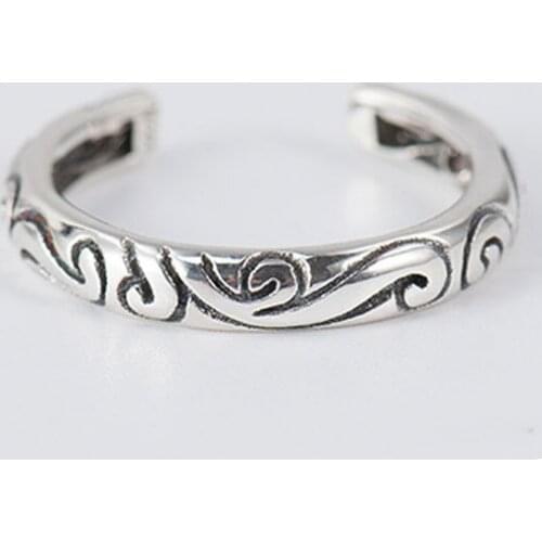 YPAY Vintage Thai Silver Open Cuff Finger Rings for Men Women 100% Real 925 Sterling Silver Rune Ring Fine Party Jewelry YMR419