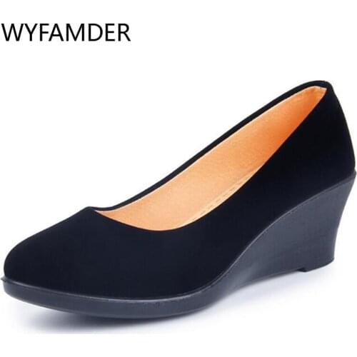 WYFAMDER 2021 Wedges Black Shoes Women Spring Autumn Flock High Heels Soft Lady Pumps Slip on Office Shoes Plus Size 40 WP13