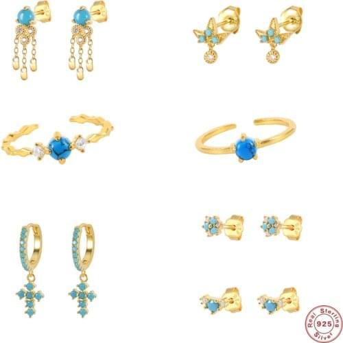 Plata de ley 925 Collares Mujer Ethnic Bohemian Turquoise Cross Charms Necklace Rings Stud Earrings For Women Loves' Jewelry Set