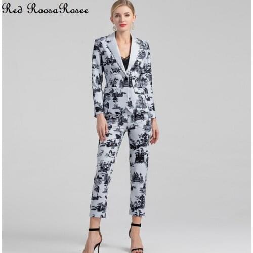 Red RoosaRosee Fashion Autumn Women Turn-down Collar Wrist Sleeve Elegant Beading Blazer Print Pencil Pants Twinset Suit Female