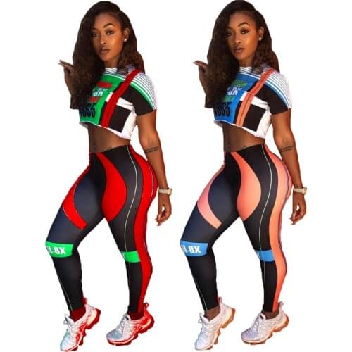 Echoine New Women Casual fine Print O-neck sexy Biker trousers T-shirts Crop Top Sports 2 Two Piece Set party Club Matching Sets