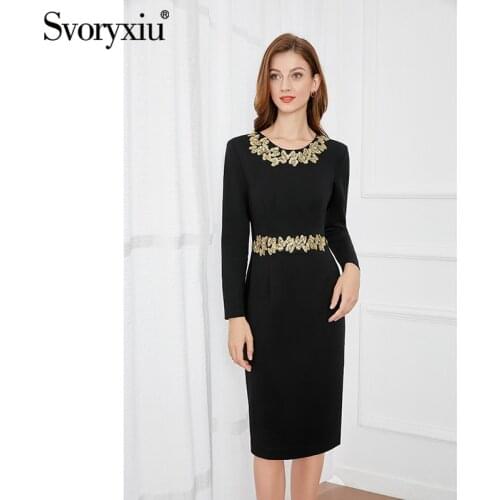Svoryxiu Fashion Autumn Women Black Knee-Length Dress Solid O-Neck Slim Butterfly Pattern Crystal Sequins Beaded Elegant Dresses