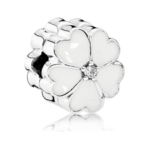 Silver color 1pc white daisy cherry flower safety clip bead charms fit european pandora style bracelet A251