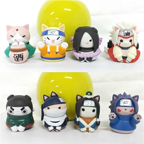 8pcs Kawaii Naruto Cat Statue Anime Action Figures Uzumaki Kakashi Gaara Jiraiya Sasuke Itachi PVC Model Kid Gift Toy Antistress