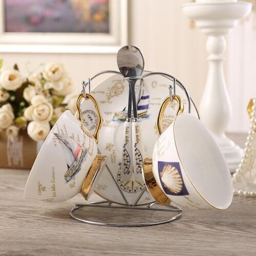 Promotion!!Lower price cups Beacon stamp yacht Gold-plated gild Porcelain Coffee Cup And Saucer Ceramic Mugs GILDING Demitasse