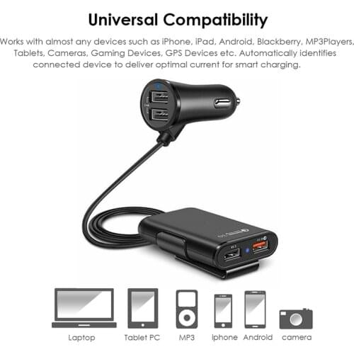 Car Charger Rear Seat with 4 USB Ports Mobile Phone Adapter QC 3.0 Socket Auto Splitter for Front Back Passenger